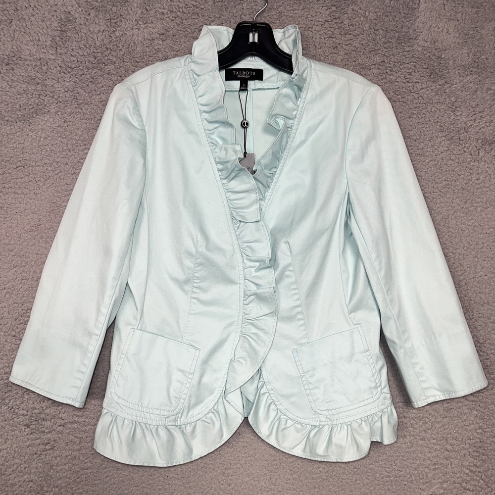 NWT Talbots Jacket Blazer Women's Sz 4 Mint Green Grace Fit Ruffle Trim Stretch